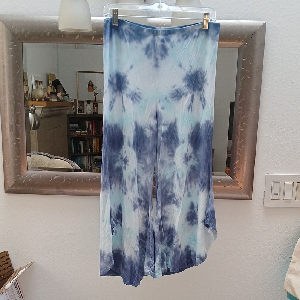 White and Blue Tie Dye Wide Leg Pants